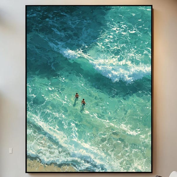 Pintura a óleo original de dois meninos nadando. Grande pintura abstrata com textura costeira verde. Arte de parede personalizável com vista para o mar e temática de natação.