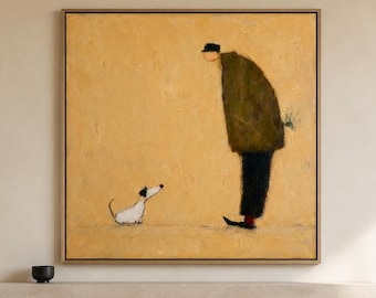 Hand Painted Man and Dog Oil Painting, Abstract Pet Portrait Art, Large Dog Lover Wall Decor, Modern Living Room Canvas Artwork
