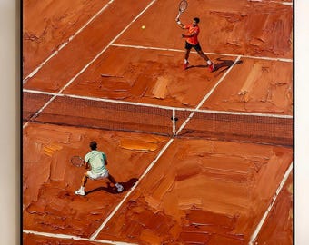 Pintura al óleo original con textura de tenis dibujada a mano. Arte mural minimalista rojo de tenis. Arte deportivo abstracto de gran tamaño. Arte de tenis. Regalos para amantes del tenis.