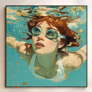 Hand drawn swimming painting Customizable girl diving portrait painting Blue and Green Abstract Ocean Art Girl Diving Oil Painting