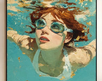 Pintura de natación dibujada a mano Pintura de retrato de niña buceando personalizable Arte abstracto azul y verde del océano Pintura al óleo de niña buceando