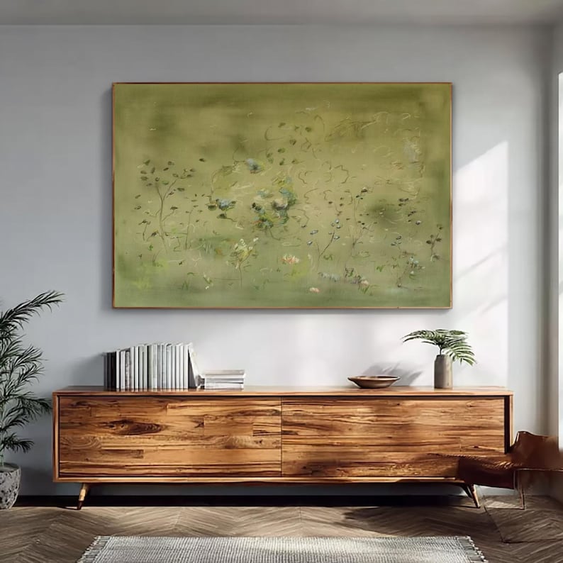 Large Sage Green Lotus Pond Oil Painting Abstract Natural Flower Canvas ...