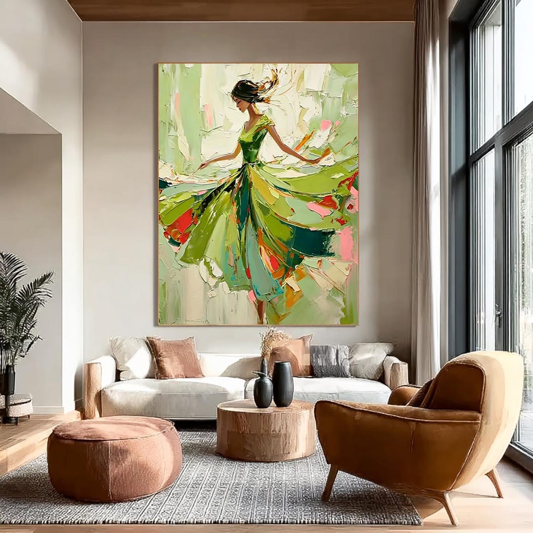 Green Woman Figure Oil Painting Large Green Textured Wall Art Abstract ...