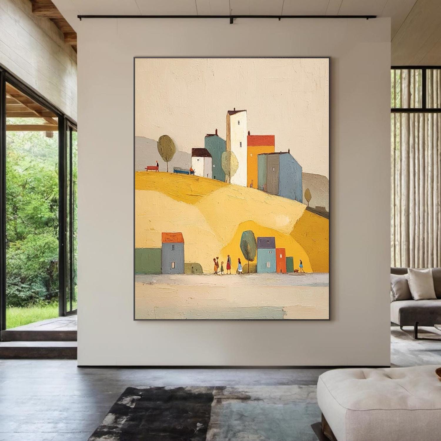 Original Retro Town Oil Painting Mid-century Modern Abstract Landscape ...