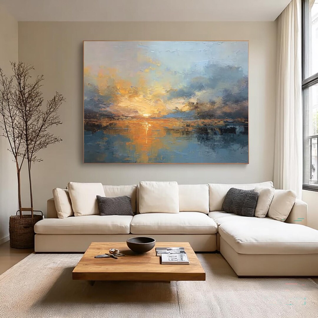 Large Abstract Ocean Sunset Wall Art Textured Acrylic Seascape Painting ...