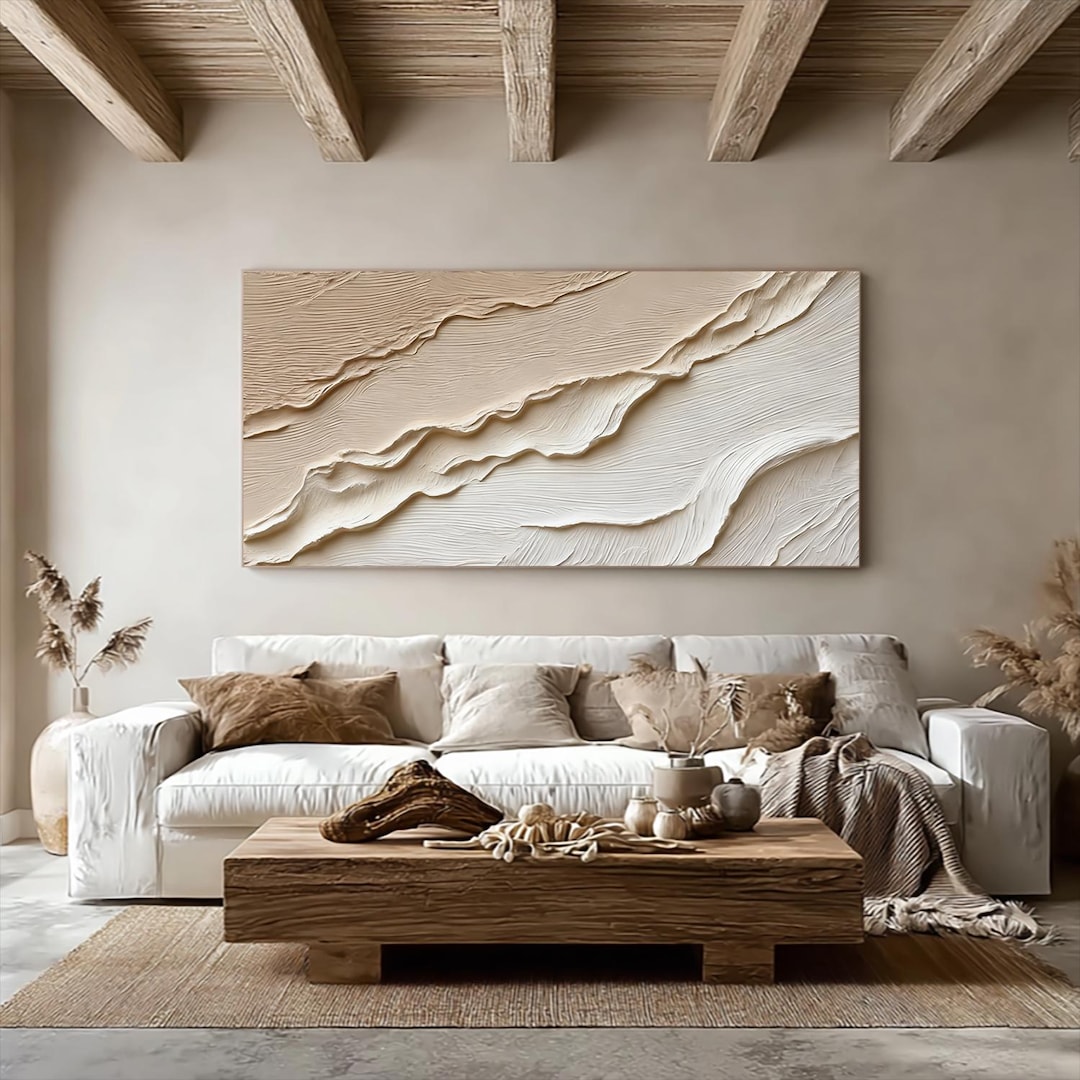 3D Textured Ocean Wave Abstract Painting Neutral Beige Brown Canvas Art ...