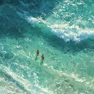 Puede incluir: Vista a&eacute;rea del oc&eacute;ano con agua turquesa y olas blancas. Dos personas nadan en el agua cerca de la orilla. La imagen tiene una calidad pict&oacute;rica, con pinceladas suaves y una sensaci&oacute;n de movimiento.