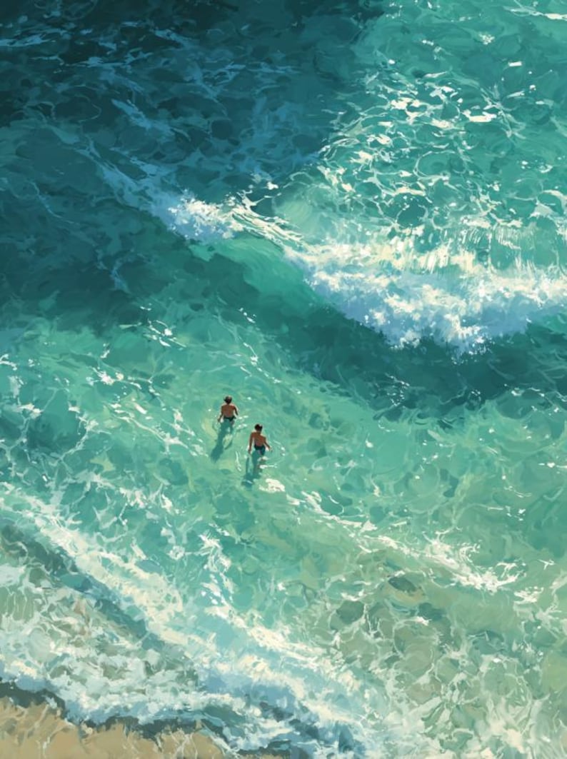 Puede incluir: Vista a&eacute;rea del oc&eacute;ano con agua turquesa y olas blancas. Dos personas nadan en el agua cerca de la orilla. La imagen tiene una calidad pict&oacute;rica, con pinceladas suaves y una sensaci&oacute;n de movimiento.