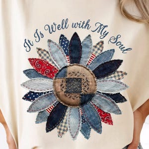 It Is Well png, It Is Well vintage patchwork png, christelijke zonnebloemsublimatie, geloofscitaat shirtontwerp, religieuze bloemen png