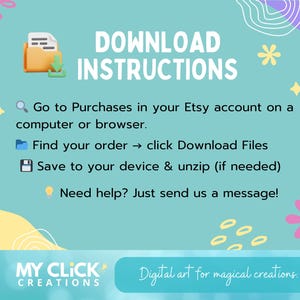 Puede incluir: Gr&aacute;fico turquesa con las palabras "DOWNLOAD INSTRUCTIONS" y los pasos para descargar arte digital de Etsy. Incluye iconos para una carpeta, una flecha de descarga y un disquete. El texto tambi&eacute;n incluye la frase "Digital art for magical creations."