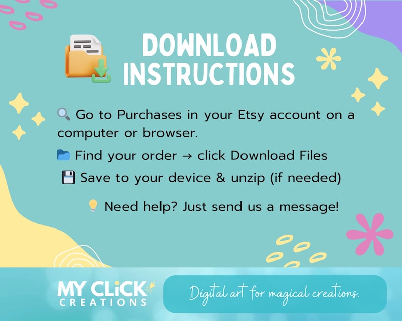 Puede incluir: Gr&aacute;fico turquesa con las palabras "DOWNLOAD INSTRUCTIONS" y los pasos para descargar arte digital de Etsy. Incluye iconos para una carpeta, una flecha de descarga y un disquete. El texto tambi&eacute;n incluye la frase "Digital art for magical creations."