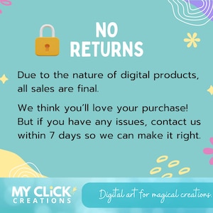 Puede incluir: Un fondo turquesa con las palabras "NO RETURNS" sobre un icono de candado dorado. El texto debajo indica que todas las ventas son finales para productos digitales, con una nota sobre contactar al vendedor dentro de los 7 d&iacute;as en caso de problemas. En la parte inferior se lee "MY CLICK CREATIONS" y "Digital art for magical creations."