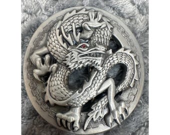 Vintage Silver Tone Dragon Belt Buckle Red Eye Greek Key Round Mythical Biker