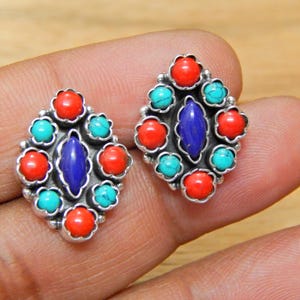 Turquoise, lapis lazuli & coral Stud Earring Jewelry - Handmade Sterling Silver Earring - Blue Gemstone Stud - Handmade jewelry Gift for her