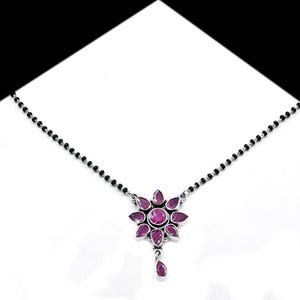 925 Sterling Silver Ruby Mangal sutra Necklace, Black Beads Pink Gemstone Necklace, Handmade Jewelry, Women Necklace, Gift For Her