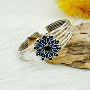 Sapphire Bangle - Handmade 925 Sterling Silver Jewelry- Natural Blue Sapphire Gemstone Bangle - Adjustable Women Bangle Gift For Her