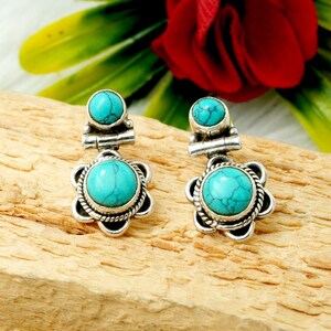 Turquoise Stud Earrings - Handmade Sterling Silver Earring - Natural Blue Gemstone Stud - Minimalist jewelry Gift
