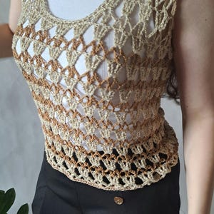 Summer Crochet Top with Gold Thread – Handmade Boho Mesh Vest – Viscose Cotton Blend – One Size, Stretchy and Airy