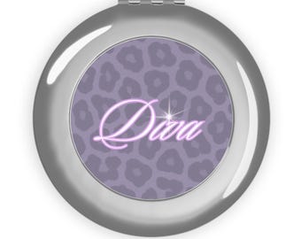 Lila Leopard 'Diva' Kompakter Reisespiegel | Personalisierter Schminkspiegel
