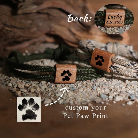 Engraved Name Paw Print wood Bracelet,Custom Pet Memorial Gift,Custom Pet Paw Print Bracelets,Actual Paw Engraving Bracelets,Gifts for him