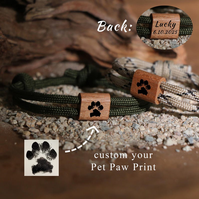 May include: Custom pet collar with a wooden accent featuring a paw print. The collar is made of durable rope in green and tan colors. The text "custom your Pet Paw Print" is also visible.