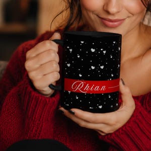 Personalized Heart Pattern Mug | Custom Name Coffee Cup | Black & White Mug | Ceramic Mug | Gift for Her | 11 oz 15 oz