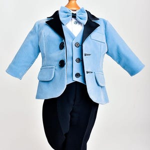 Baby Boy Velvet Baptism Suit – Light Blue 5-Piece Christening Set – Handmade Outfit Tyson