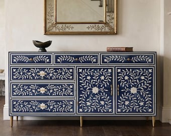 Dressoir met beeninleg, handgemaakte blauwe opberger met 6 lades en 2 deuren, handgemaakt dressoir, rank