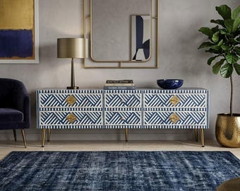 Handcrafted Bone Inlay TV Unit, Blue, White Geometric Credenza, Modern Media Console, Luxury Sideboard Buffet, Brass Leg Center