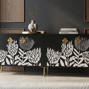 Handmade Bone Inlay Media Console, Lotus pattern TV Cabinet, Handcrafted Media-storage Unit