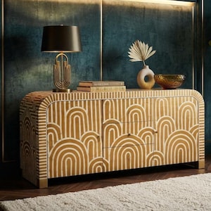Handmade Bone Inlay Sideboard Cabinet - Art Deco Geometric Arch Pattern Buffet in Mustard Yellow & White - Luxury Boho Home Decor Credenza