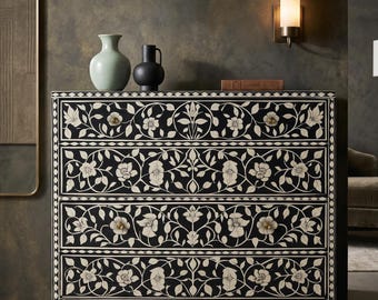 Handmade bone Inlay four Drawer Chest, Black White Floral Storage Cabinet, scroll vine cabinet