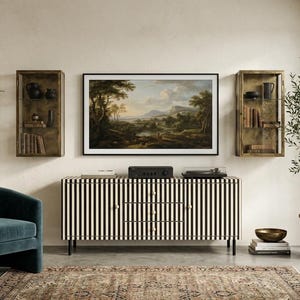 Móvel para TV com incrustações de osso, padrão cascata em preto e branco, console de armazenamento feito à mão