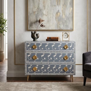 Hand-Inlaid Bone Chest of Drawers, Blue,Gray Floral Inlay Commode, Brass Hardware, Mid-Century Modern Inspired 3-Drawer Dresser