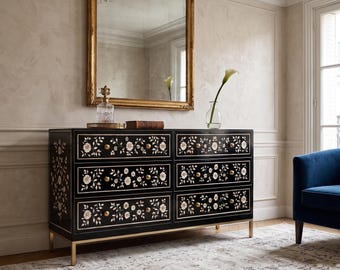 Cômoda de 6 gavetas com incrustações de osso, cor preta com padrão de trepadeiras, buffet artesanal, móvel para armazenamento doméstico.