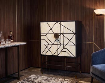 Bone Inlay Bar Cabinet black and white, Geometric Handmade Storage Cabinet, Luxury Indian furniture