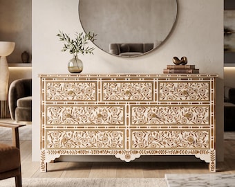 Bone Inlay 7 Drawer Dresser, Scroll vine Pattern, Side Board Storage Unit, Indian Furniture
