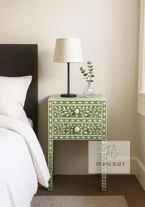 Handmade Bone Inlay Bedside Table: Light Green Scroll Vine, 2 Drawers