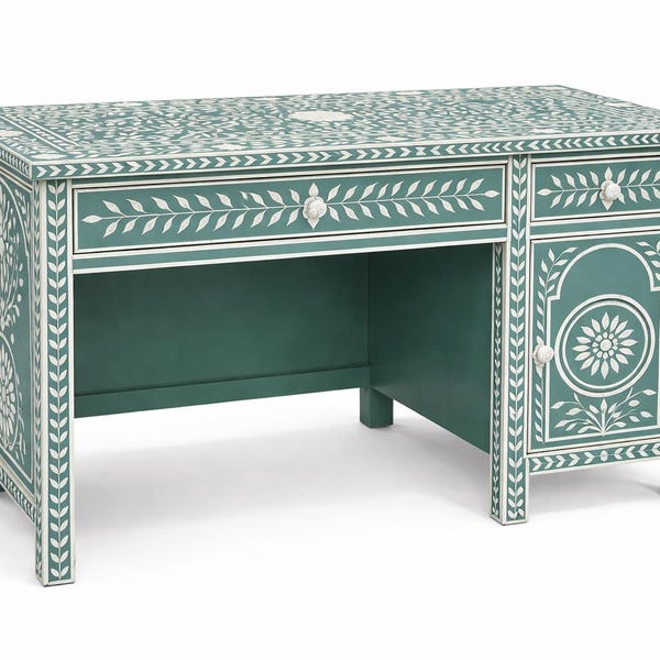 Escritorio de trabajo con incrustaciones de hueso verde azulado / Escritorio hecho a mano con cajón y gabinete / Escritorio de oficina con motivos florales / Muebles de oficina para el hogar.