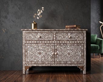 Aparador con incrustaciones de hueso, bufet hecho a mano, armario de almacenamiento artesanal, consola de almacenamiento, cómoda con diseño de enredadera.