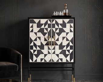 Bone Inlay Bar Cabinet black and white, Geometric Handmade Storage Cabinet, Luxury Indian furniture