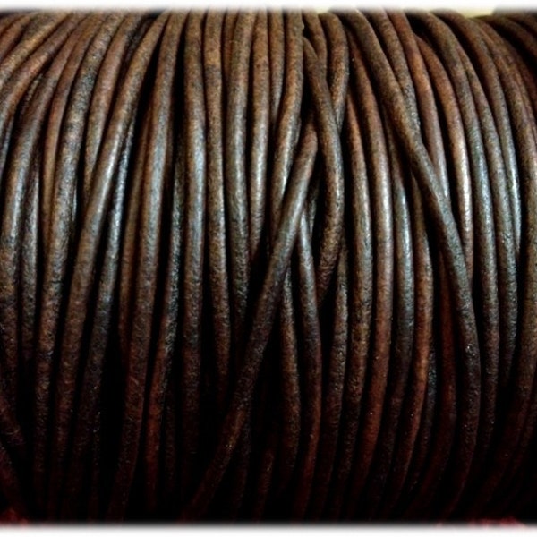 Marron antique naturel de qualité AAA - Cordon rond en cuir véritable de 1,5 mm ou 2 mm - Doux et flexible, facile à nouer, 50 mètres (164 pieds)