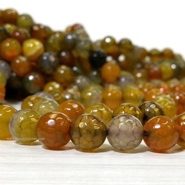 6 8 10 or 12 mm Natural Dragon Veins Agate Stone Faceted Round Beads 15.5 inch strand - Green / Brown (G1702W18182228)