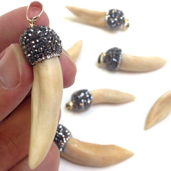 Large Tusk - Elephant Tusk Shape Ox Bone Pendant with Hematite Rhinestone Pendant 2 to 3 Inch Long