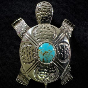 Vintage Carol Felley Sterling Silver & Turquoise Turtle Brooch Pendant
