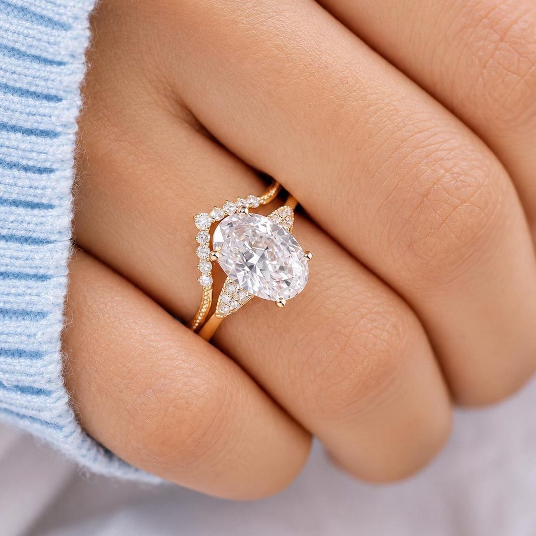 Oval Cut Moissanite Engagement Ring Set, 14k Yellow Gold Ring, Bridal ...