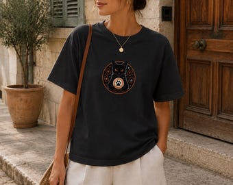 Mystic Black Cat Shirt, Witchy Crystal Ball T-Shirt, Tarot Card Black Cat Tee, Cute Halloween Fortune Teller, Celestial Goth Aesthetic Top