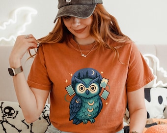 Mystic Owl T-shirt, Tarot Moon Forest Tee, Unisex Top, Nature Graphic Shirt, Boho Clothing