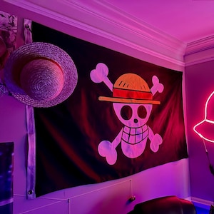 Straw Hat Flag One Piece Monkey D. Luffy Straw Hat Pirates Jolly Roger Banner Wall Hanging Decorative Poster Flag Anime Pirate Fans Gift 5x3