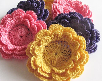 Crochet Flower Appliques - 6 Three Layer Thread Flowers in Bright Yellow, Purple & Pink